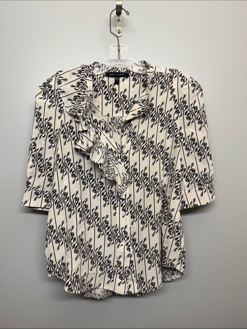 Judith & Charles 100% Silk Ivory Ruffle Front Botanical Floral Stripe Blouse
